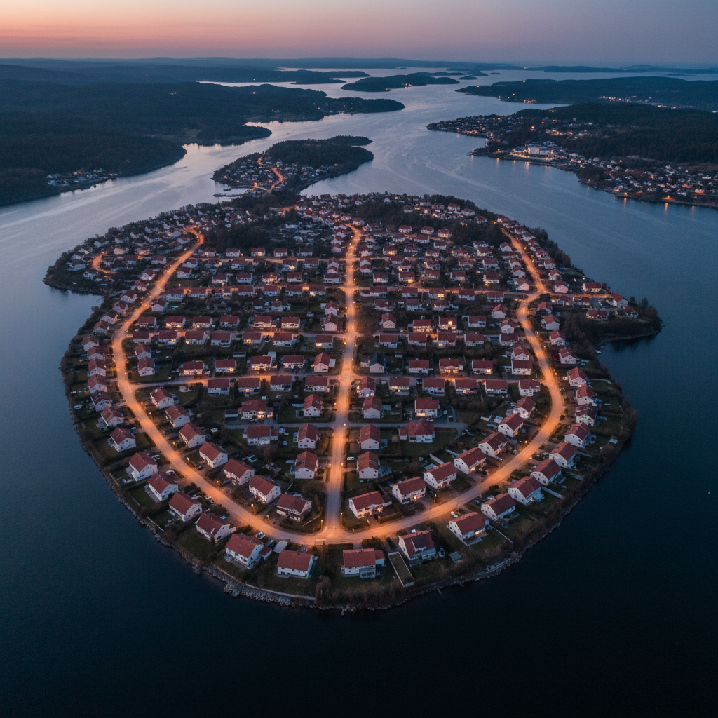 An atmospheric aerial photographic view of Kråkerøy at dusk, captured without any visible people, focusing on low-rise houses with red tiled roofs, winding residential streets, and scattered streetlights beginning to glow. The dark, calm water of surrounding fjords frames the island, reflecting the cool blue sky and faint traces of sunset. Soft, diffused evening light mixes with warm artificial lights from windows and roads, creating a balanced, inviting contrast. Shot from a high bird’s-eye perspective with crisp detail across the frame, the composition emphasizes the compact local community and its coastal setting. The mood is calm and contemplative, ideal as a thematic image for a local news site about everyday life on the island.