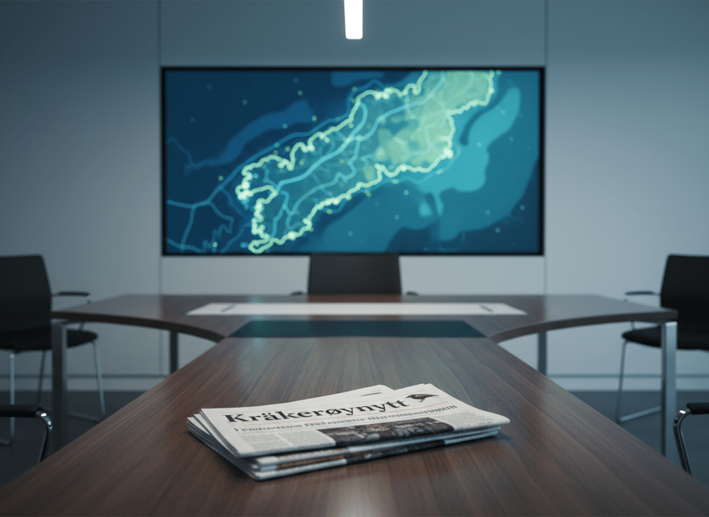 A clean, modern local newsroom scene without people, showing a sleek desk with a neat stack of newspapers titled “Kråkerøynytt” and a softly blurred map of Kråkerøy on a wall screen in cool blue and green tones, with soft studio lighting. Photorealistic, landscape orientation, suitable as a website hero background for a local news site.